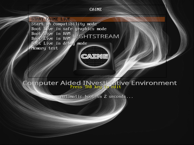Menu boot CAINE berlatar hitam dengan pusaran garis putih, logo CAINE di tengah, tulisan LIGHTSTREAM dan Computer Aided INvestigative Environment, serta baris START CAINE LIVE tersorot oranye