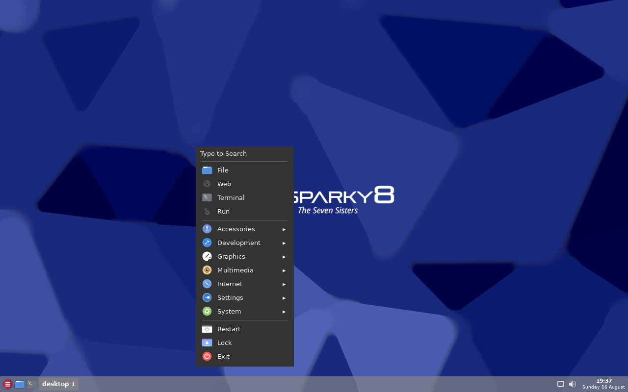 Menu klik kanan SparkyLinux 8 berisi File, Web, Terminal, Run, Accessories, Development, Graphics, Multimedia, Internet, Settings, dan System, tanpa entri Install