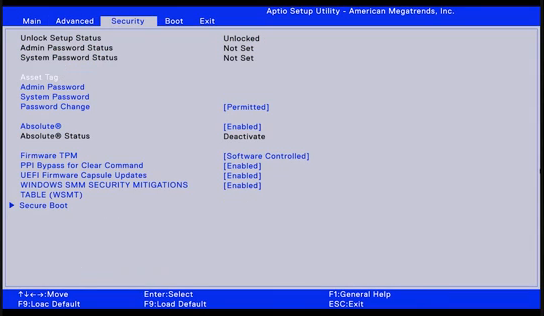 Tab Security BIOS Dell Aptio dengan submenu Secure Boot di baris terbawah