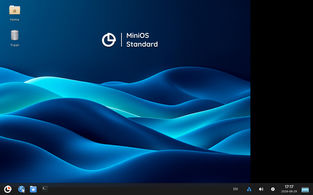 Desktop MiniOS Standard bertema gelombang biru dengan logo MiniOS Standard di tengah atas, ikon Home dan Trash di kiri, serta panel bawah berisi tombol menu, peramban, pengelola berkas, terminal, indikator EN, jaringan, suara, daya, dan jam 17:17