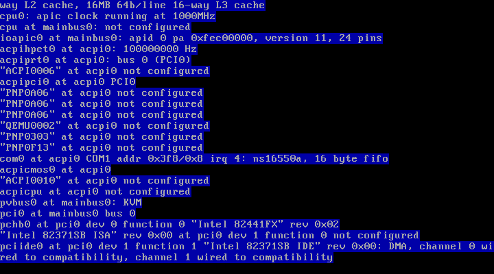 Layar biru log boot OpenBSD 7.8 berisi daftar deteksi ACPI, com0 at acpi0 COM1, pvbus0 KVM dan perangkat PCI Intel 82441FX