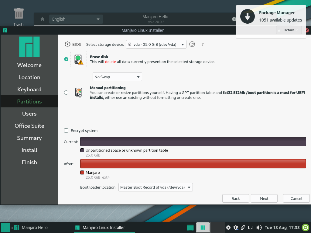 Layar partisi dengan opsi Erase disk terpilih beserta dropdown No Swap, dan opsi Manual partitioning yang menjelaskan syarat GPT plus partisi fat32 512Mb untuk instalasi UEFI