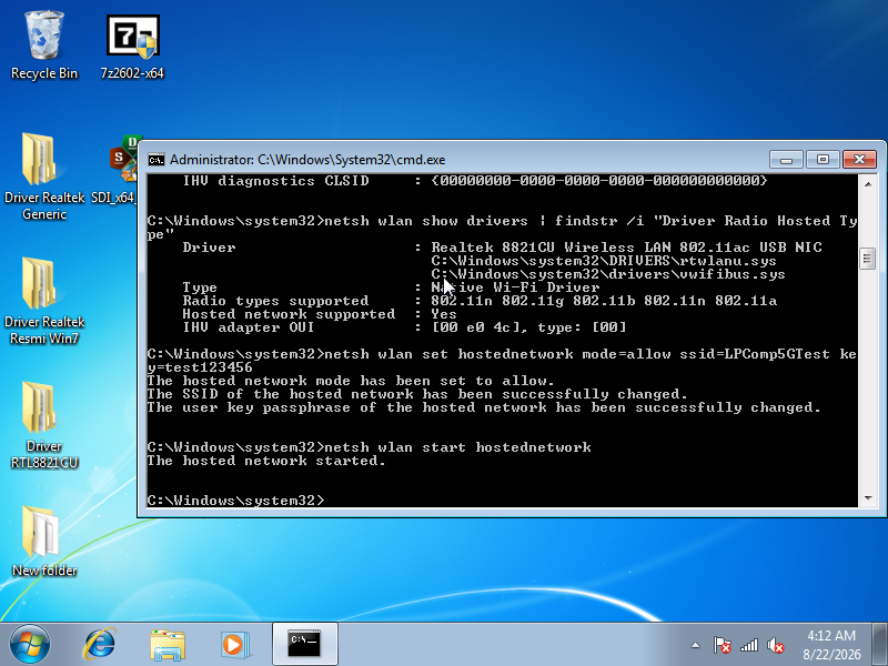 Output netsh wlan show drivers menampilkan Radio types supported termasuk 802.11a, diikuti perintah netsh wlan set dan start hostednetwork dengan SSID LPComp5GTest