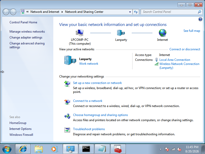 Network and Sharing Center menunjukkan Access type Internet setelah WiFi RTL8821CU tersambung di Windows 7
