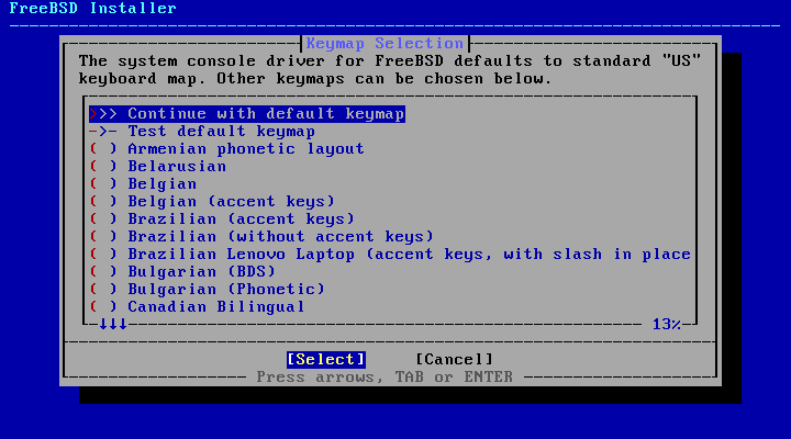 Layar Keymap Selection FreeBSD dengan pilihan Continue with default keymap tersorot