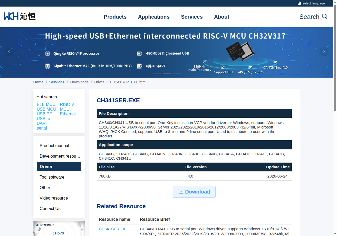 Halaman resmi WCH untuk driver CH341SER.EXE menampilkan versi 4.0 WHQL certified mendukung Windows 11 10 8.1 8 7