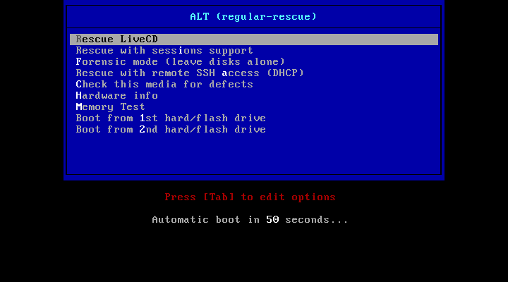 Menu boot ALT regular-rescue dengan delapan pilihan, seluruhnya berbahasa Inggris