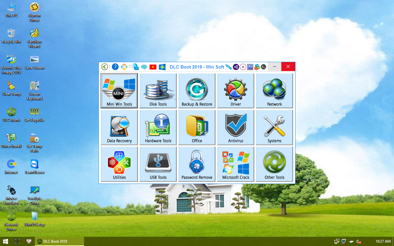 Desktop Mini Windows 10 DLC Boot 2019 dengan jendela peluncur alat berisi ubin kategori