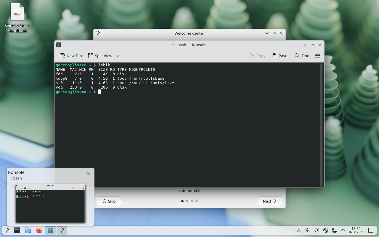 Terminal Konsole di Gentoo LiveDVD menampilkan keluaran lsblk dengan disk vda berukuran 20G