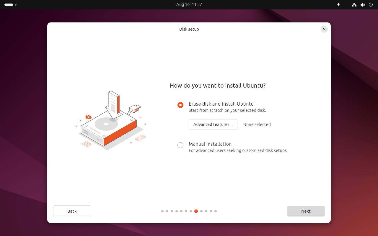 Layar Disk setup Ubuntu dengan pilihan Erase disk dan Manual installation