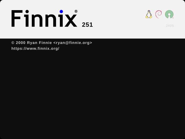 Layar splash awal Finnix 251 berlatar hitam dengan logo Finnix di kiri atas dan teks hak cipta Ryan Finnie, sebelum log sistem mulai tampil