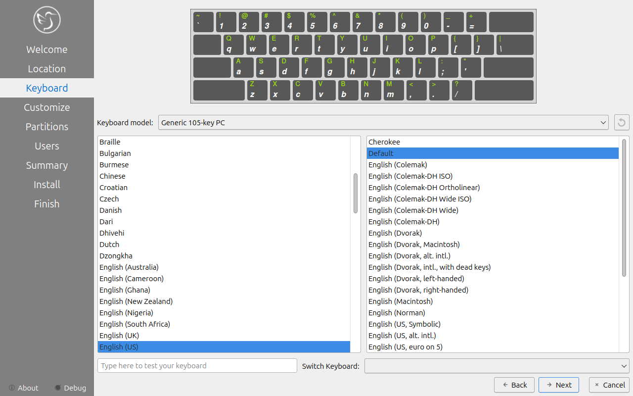 Layar Keyboard pemasang Lubuntu dengan pilihan tata letak dan kolom uji ketik