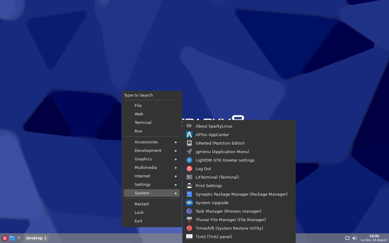 Submenu System SparkyLinux memuat About SparkyLinux, APTus AppCenter, GParted, Synaptic, System Upgrade, Timeshift, dan Thunar, tanpa entri pemasang sistem