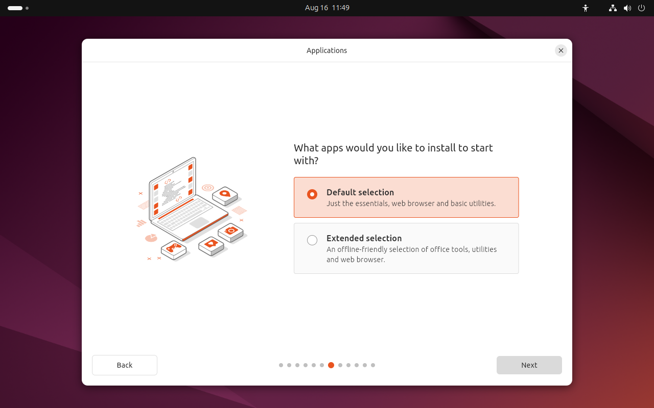 Layar Applications Ubuntu dengan pilihan Default selection dan Extended selection