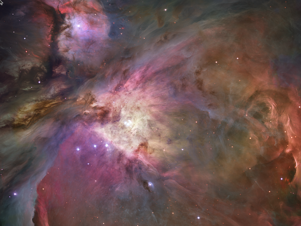 Layar penuh gambar nebula Orion berwarna merah muda dan ungu dengan taburan bintang, belum ada panel maupun jendela apa pun