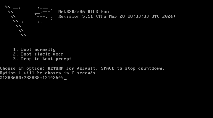 Layar boot NetBSD yang sama dengan Layar 1, dengan deretan angka Z1288680+782888+1314264 muncul di bawah menu menandakan boot loader sedang memuat kernel