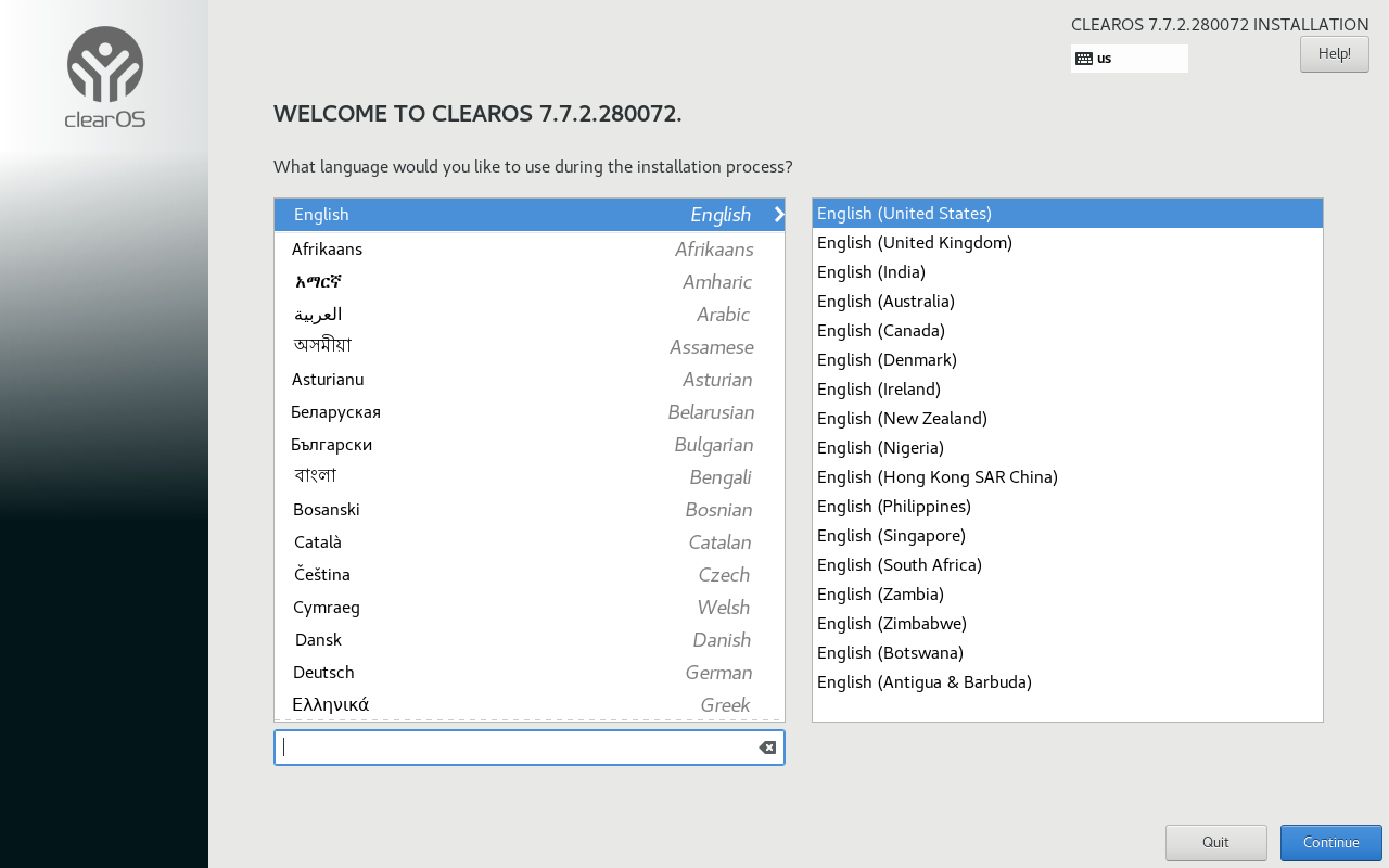 Layar sambutan pemasang Anaconda ClearOS 7.7.2 dengan pilihan bahasa