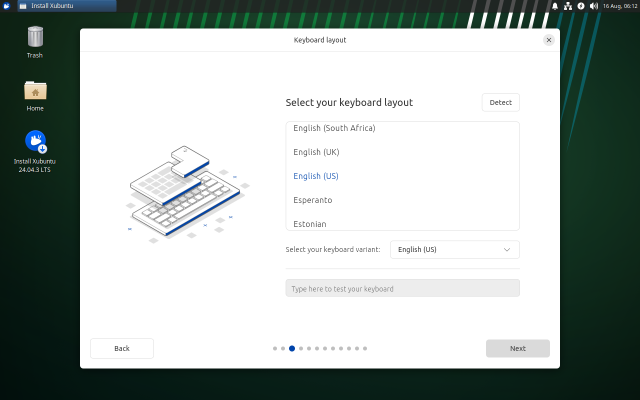 Layar Keyboard layout Xubuntu dengan English (US) terpilih dan tombol Detect