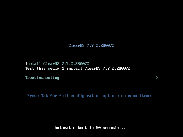 Menu boot ClearOS 7.7.2 dengan pilihan Install ClearOS, Test this media, dan Troubleshooting