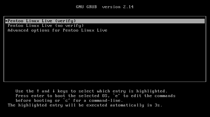 Menu boot GRUB Pentoo Linux dengan pilihan Pentoo Linux Live (verify) yang disorot, Pentoo Linux Live (no verify), dan Advanced options for Pentoo Linux Live