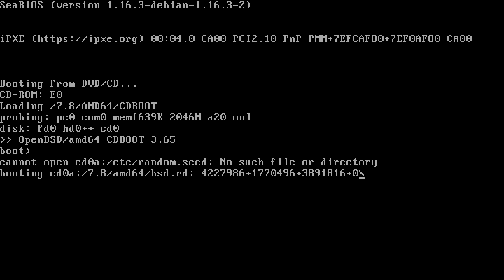 Layar hitam awal boot OpenBSD 7.8 dari DVD berisi baris SeaBIOS, Booting from DVD/CD, OpenBSD/amd64 CDBOOT 3.65 dan prompt boot