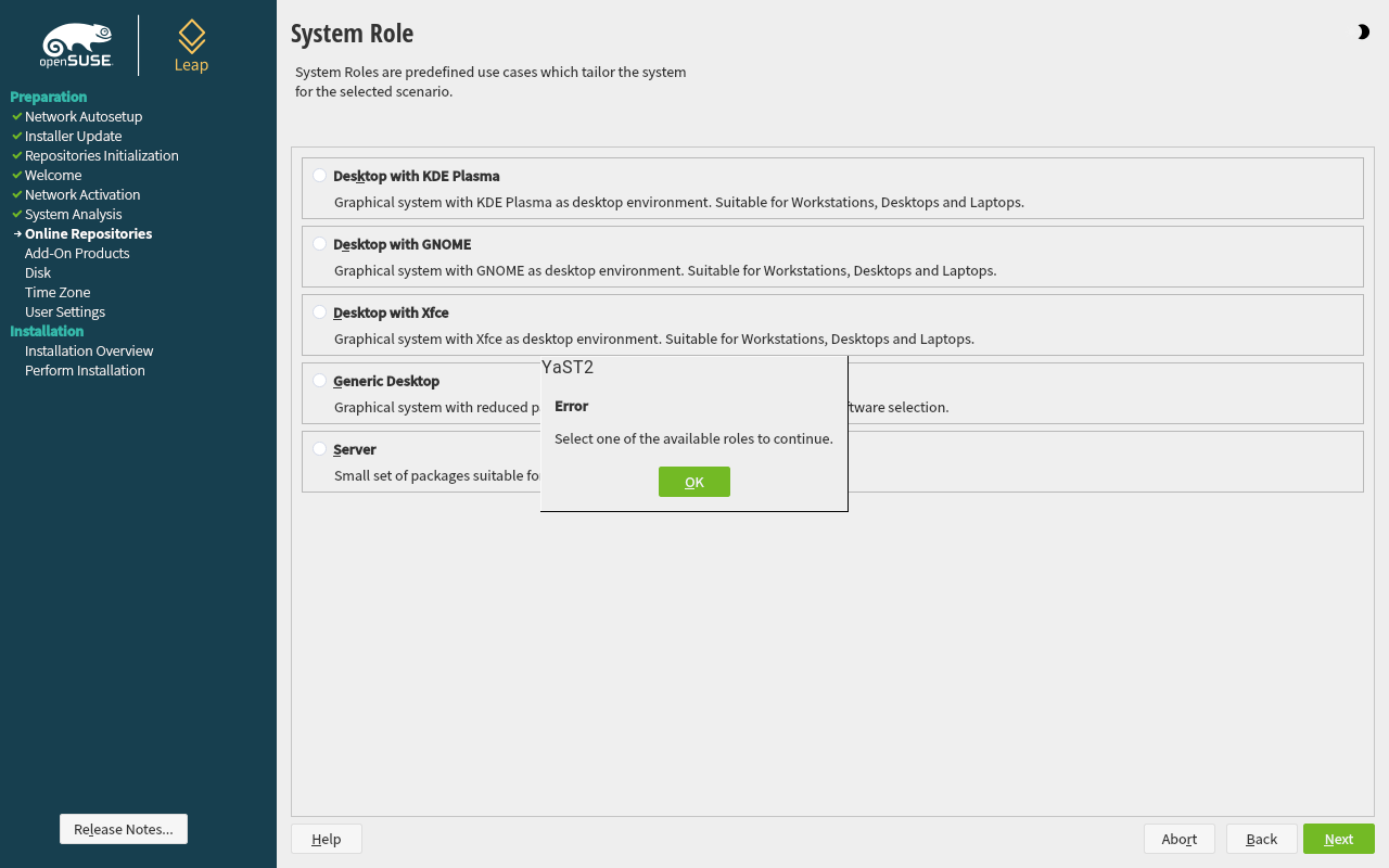 Kotak error openSUSE bertuliskan Select one of the available roles to continue