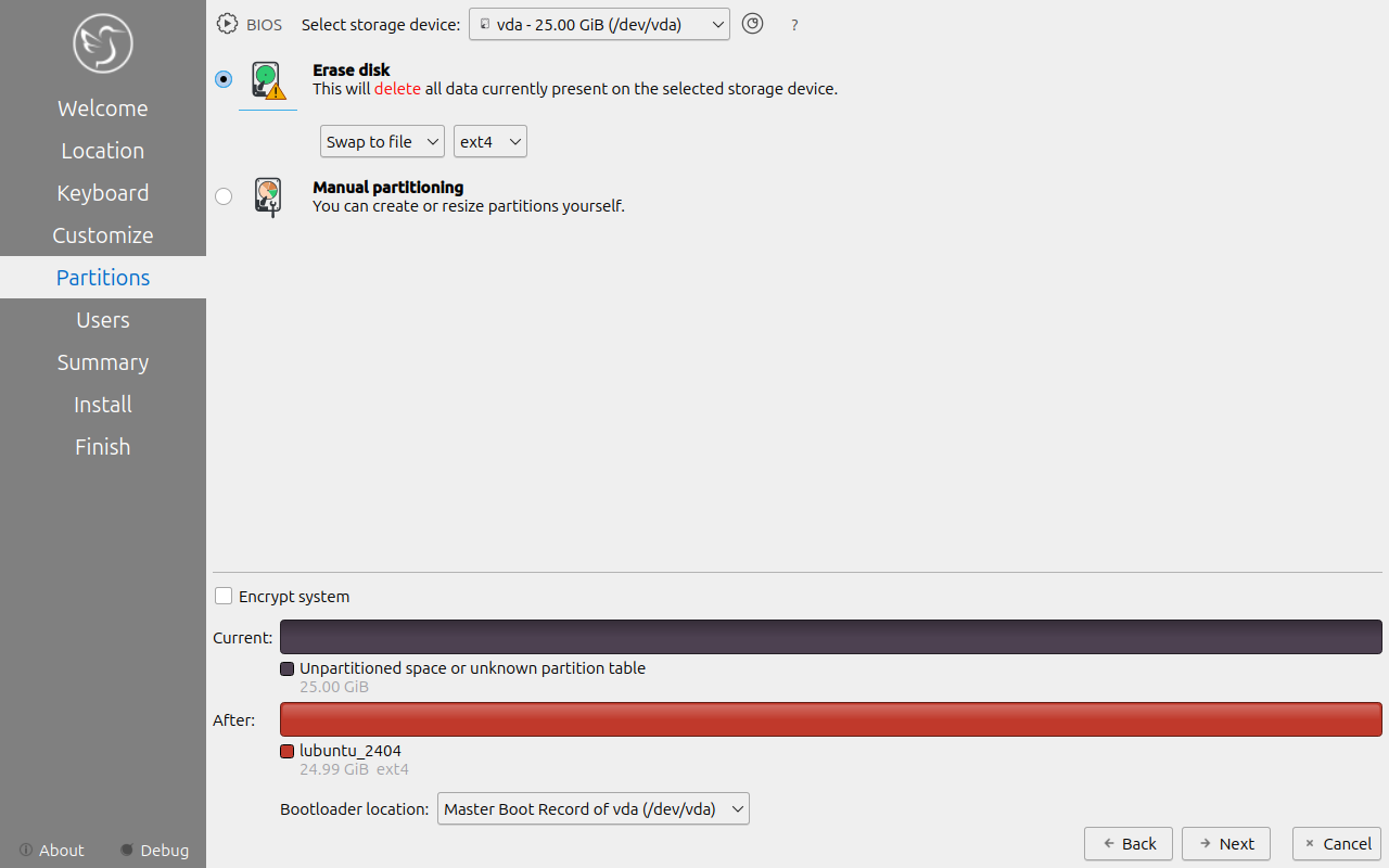 Layar Partitions dengan Erase disk sudah dipilih dan tombol Next aktif