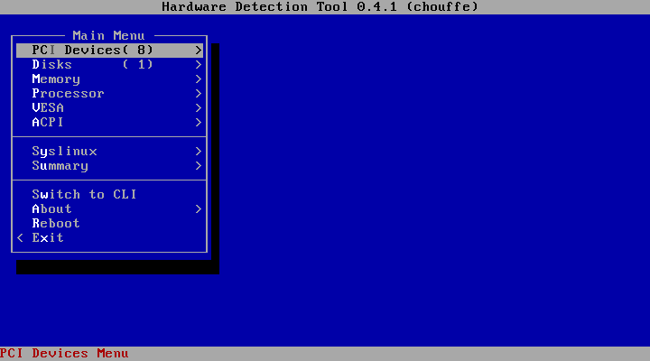 Hardware Detection Tool di ALT rescue dengan menu PCI Devices Disks Memory Processor
