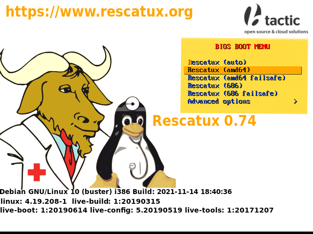 Menu boot Rescatux 0.74 berlatar putih dengan maskot dokter GNU dan penguin memakai stetoskop, kotak kuning BIOS BOOT MENU berisi lima pilihan Rescatux dan Advanced options