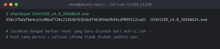 Terminal menampilkan sha256sum berkas driver CH340 yang dihost LPComp, cocok dengan checksum resmi WCH