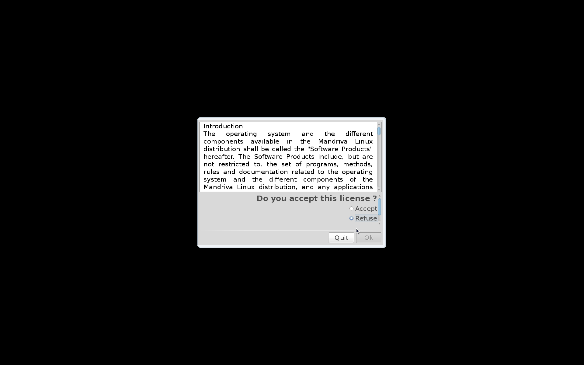 Layar lisensi Mandriva dengan pilihan Refuse terpilih dan tombol Ok dalam keadaan tidak aktif