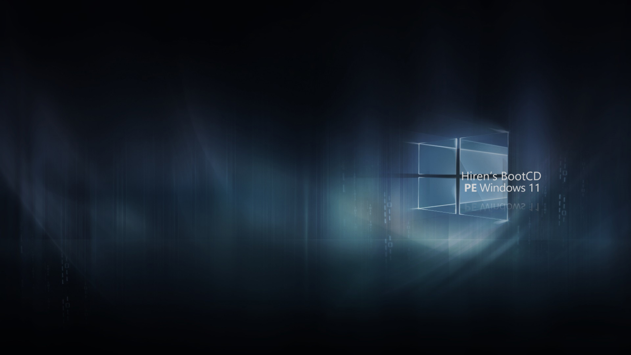 Layar splash Hirens BootCD PE Windows 11 dengan logo Windows 11 transparan dan tulisan Hirens BootCD PE Windows 11