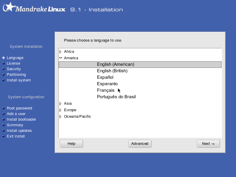 Pemasang Mandrake Linux 9.1 dengan daftar tahap di sisi kiri: Language, License, Security, Partitioning, Install system, sampai Exit install