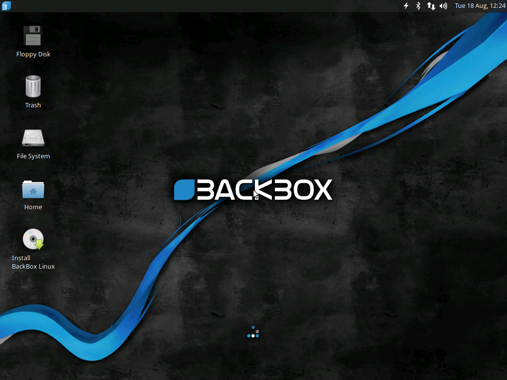 Desktop BackBox 4.4 (2016) dengan ikon Floppy Disk, Trash, File System, Home, dan Install BackBox Linux