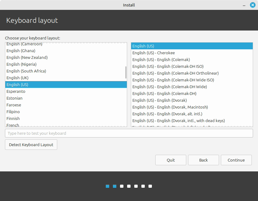 Layar Keyboard layout dengan English (US) terpilih dan kolom uji ketik
