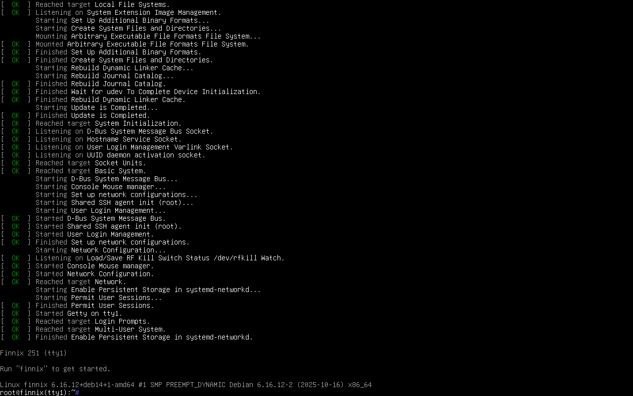 Baris perintah root@finnix di tty1 setelah boot selesai, menampilkan pesan Run finnix to get started dan versi kernel Linux 6.16.12