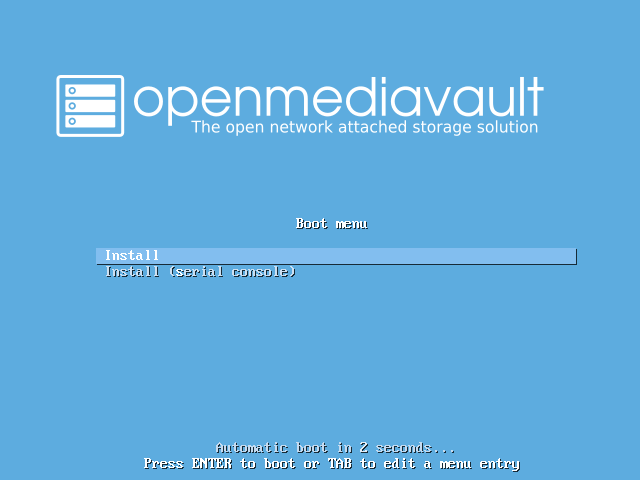 Menu boot OpenMediaVault 8.3.1 dengan logo openmediavault berlatar biru muda dan dua pilihan Install serta Install serial console