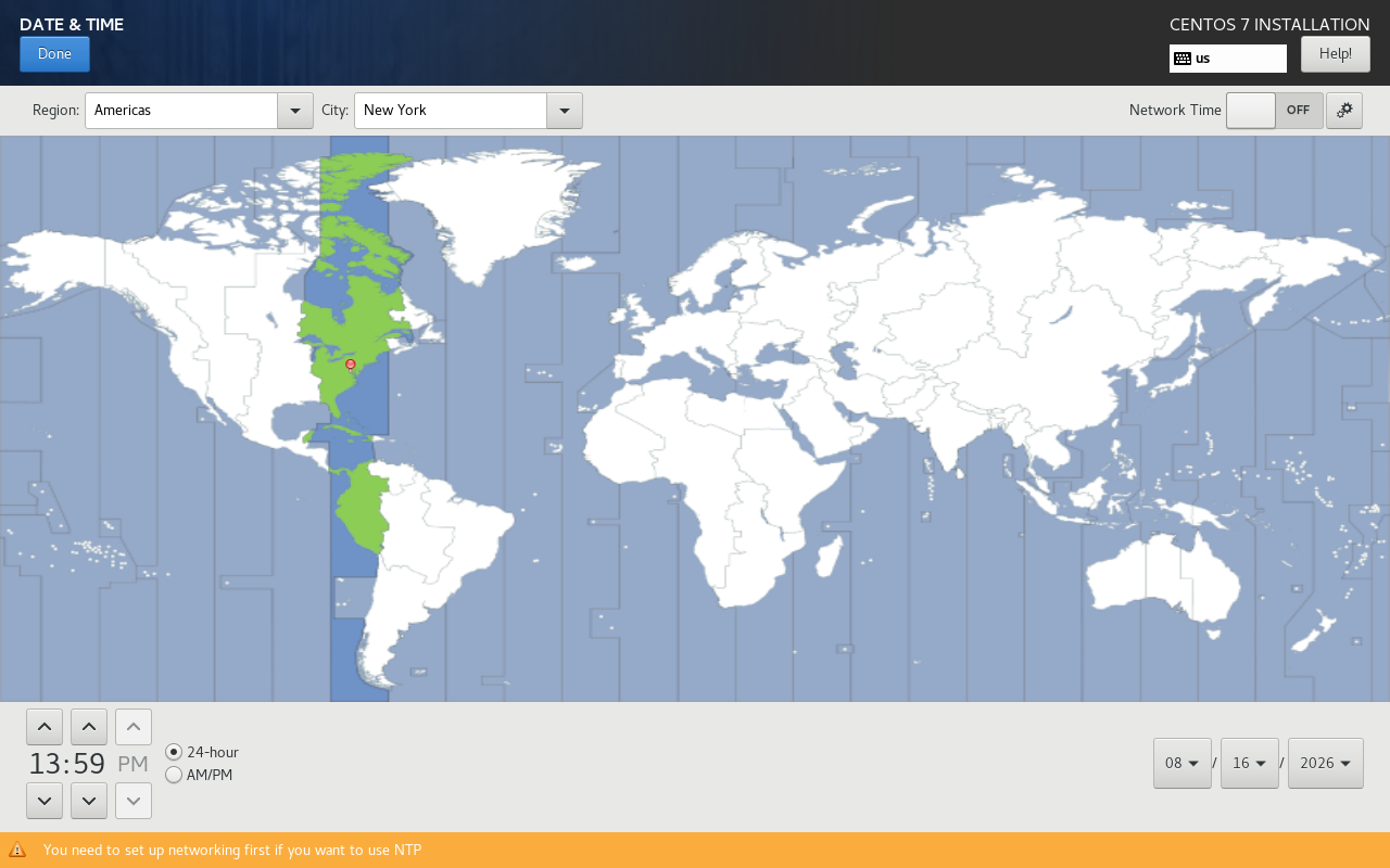Layar Date and Time CentOS 7 dengan peta zona waktu dan pilihan Region Americas City New York