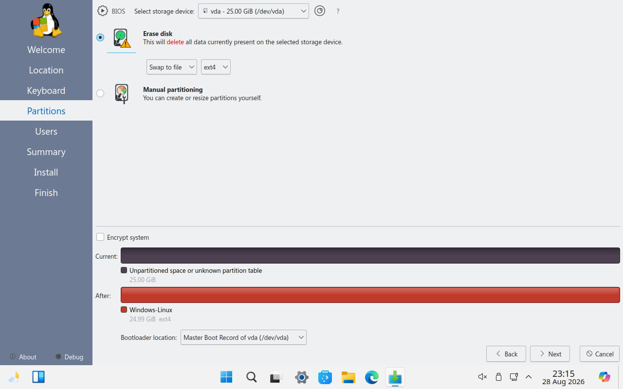 Layar Partitions Linuxfx setelah Erase disk dipilih, menampilkan pratinjau After partisi ext4 dan lokasi bootloader