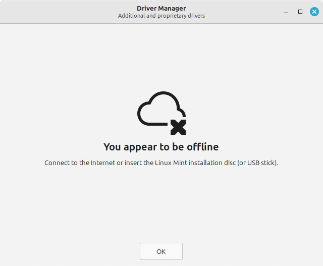 Pesan You appear to be offline dengan saran memasukkan disc instalasi
