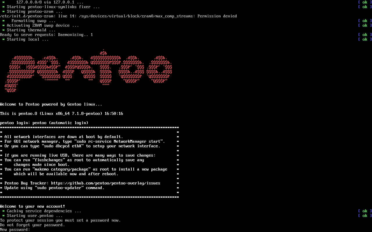Banner ASCII Welcome to Pentoo powered by Gentoo Linux warna merah, automatic login sebagai pentoo, kotak info jaringan mati default dan cara flushchanges, serta prompt New password