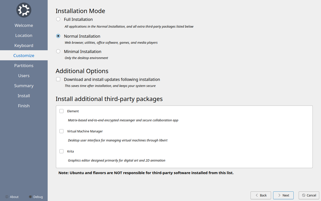Layar Customize dengan pilihan Full, Normal, dan Minimal Installation