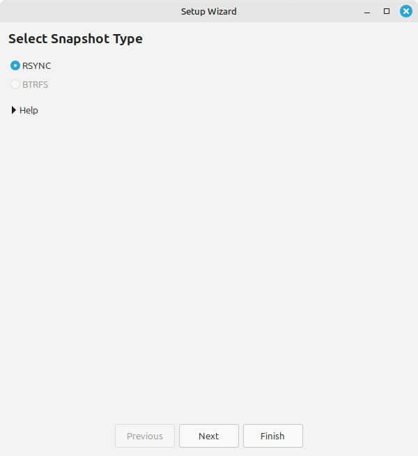 Setup Wizard Timeshift memilih jenis snapshot RSYNC atau BTRFS
