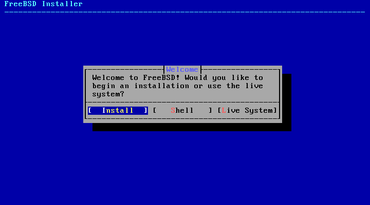 Layar Welcome FreeBSD dengan pilihan Install, Shell, dan Live System