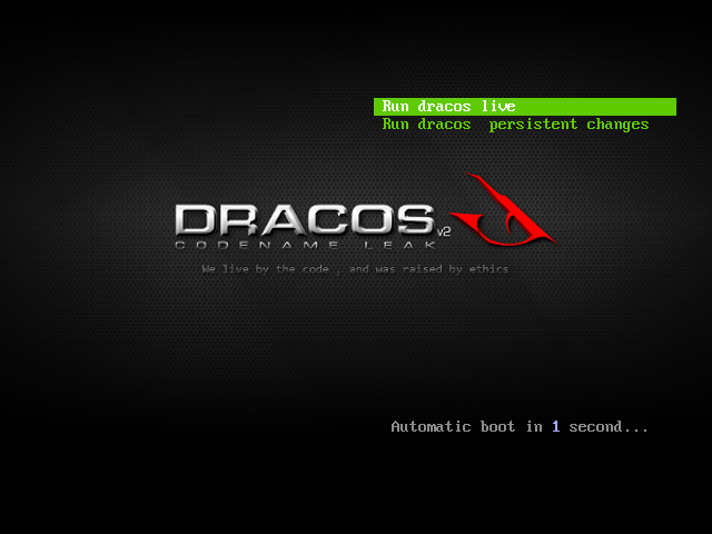 Menu boot DracOS v2 Codename Leak dengan pilihan Run dracos live dan Run dracos with persistent changes