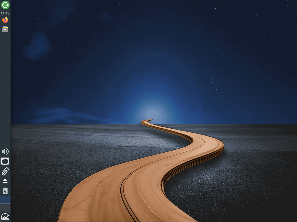 Desktop Xfce MX Linux dengan wallpaper jalan berkelok di bawah langit berbintang dan panel vertikal ramping di sisi kiri layar