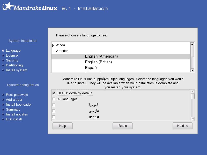 Layar pemilihan bahasa Mandrake dengan panel bahasa tambahan dan pilihan Use Unicode by default