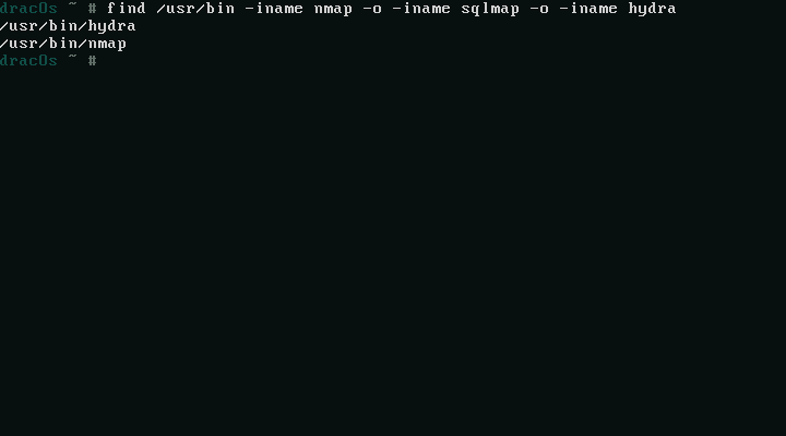 Terminal DracOs menampilkan hasil pencarian tool menemukan /usr/bin/hydra dan /usr/bin/nmap