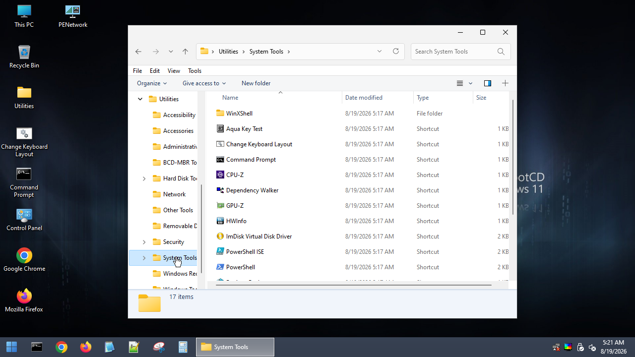 Folder System Tools berisi CPU-Z, GPU-Z, HWInfo, PowerShell, Command Prompt, ImDisk Virtual Disk Driver, dan lainnya