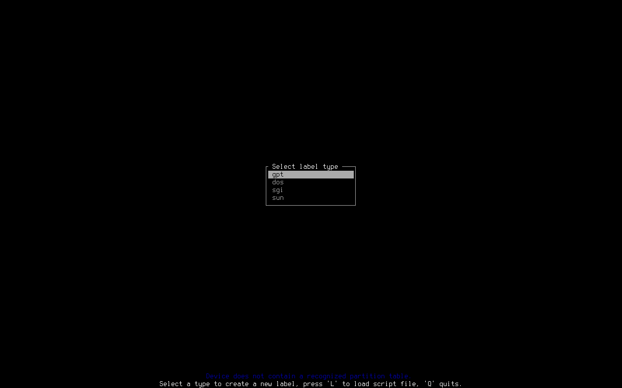 Layar cfdisk di GRML dengan pilihan jenis label gpt, dos, sgi, sun dan keterangan Device does not contain a recognized partition table